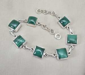 Pulsera de Eslabones Cuadrados de Plata de Ley 925 Chapada en Oro Clásico con Malaquita, Gema Verde, Joyería Hecha a Mano, Regalo - Product Image 5