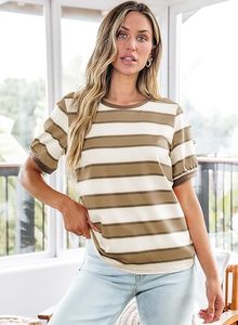 Camisetas de Verano para Mujer 2026, Camisetas de Moda a Rayas con Bloques de Color, Manga Corta, Cuello Redondo, Casuales, Holgadas, Básicas - Product Image 4