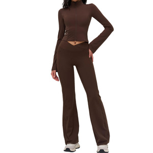 Brown Yoga Set V-Neck Racerback Crop Top High Waist <b>Flared</b> <b>Leggings</b> Seamless Breathable Activewear for Women - Product Image 2