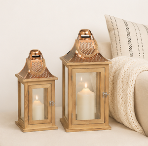 Handcrafted Rustic Wooden Candle Lantern with Copper Finish Metal Roof and Hemp <b>Rope</b> Handle Decorative Vintage Lantern - Product Image 4