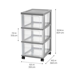 Carrello Portaoggetti in Plastica con 3 Cassetti, Stretto, Grigio, Set di 2 - Product Image 2