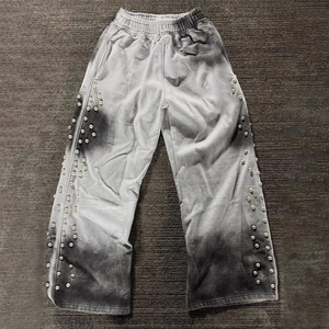 Pantalones Deportivos Personalizados Ecológicos, Transpirables, de Invierno, Unisex, Gruesos, 100% Algodón, con Tachuelas de Perlas, Estilo Vintage, Tie Dye, de Pierna Ancha - Product Image 1