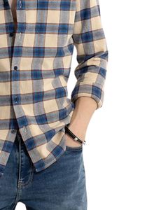 เสื้อเชิ้ตผู้ชายสีเบจและสีน้ำเงินลายสก็อต ผ้าฝ้าย แขนยาว ติดกระดุม ลำลอง ทรงพอดีตัว ผลิตตามสั่งจากโรงงาน OEM คุณภาพพรีเมียม สำหรับส่งออก - Product Image 6