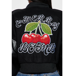 Blouson bomber noir en PU avec patch brodé LA Cherry, style streetwear, coupe courte, unisexe, pour l'automne - Product Image 6