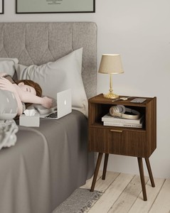 Modern Wood Nightstand With Single Drawer <b>Storage</b> with Fluted Design and Open <b>Storage</b> Midcentury Design Bedroom Furniture - Product Image 2
