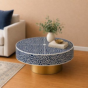Table d'appoint ronde éco-responsable en os incrusté avec motif floral, faite à la main, pour une décoration intérieure moderne - Product Image 1