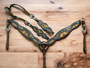Ensemble de harnais de qualité supérieure pour cheval, en cuir véritable Western, avec collier de tête et harnais de poitrine motif tournesol, durable, léger et multifonctionnel. - Product Image 4
