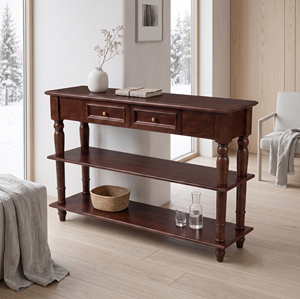 Console étroite vintage en chêne massif brun avec tiroirs, pieds et étagères inférieures pour entrée et salon - Meubles MT - Product Image 2