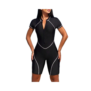 Maillot de bain 2 pièces noir pour femme, col halter, avec ceinture, string, fermeture éclair, bordure contrastante, en Spandex et Nylon extensible tricoté, logo frontal - Product Image 1