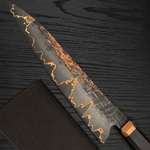 Couteau de cuisine en acier Damas à lame pointue avec incrustation de cuivre et manche en Micarta, disponible en version OEM - Product Image 4