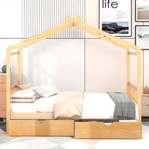 Letto a piattaforma naturale a grandezza naturale con testiera e pediera a due cassetti, design unico a tetto per bambini - Product Image 2