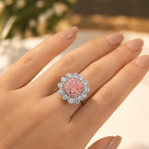 Pink <b>Cushion</b> Cut Gemstone Promise Ring Halo Plated White Gold Engagement Band <b>for</b> Women Moissanite Luxury Jewelry - Product Image 5