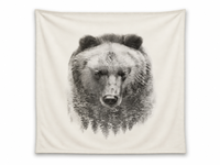 Tapisserie en toile imprimée, croquis d'ours grizzly, noir et blanc, décoration murale pour dortoir et chambre à coucher