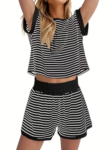 Women's Casual Fashion Loungewear Two-Piece Set Striped Color Block Jersey Soft T-Shirt Matching Elastic Waist Pocket Shorts - Product Image 4