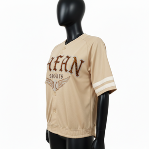 Maillot de baseball pour femme en polyester interlock GSM premium, beige, avec boutons sur le devant, manches rayées, logo en strass, respirant, t-shirts pour femme - Product Image 3