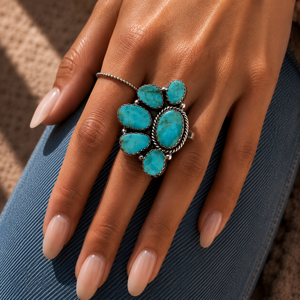 Mohave Turquoise Half Cluster Silver <b>Ring</b> Handmade Southwestern Western Boho Jewelry for Women <b>Statement</b> <b>Ring</b> Gift - Product Image 4
