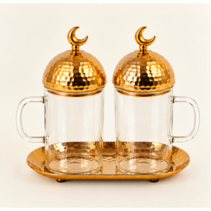 Juego de Frascos de Vidrio de Lujo con Tapa Dorada Martillada y Bandeja de Servicio, Decoraciones Elegantes de Luna Creciente para Ramadán y Eid - Product Image 1