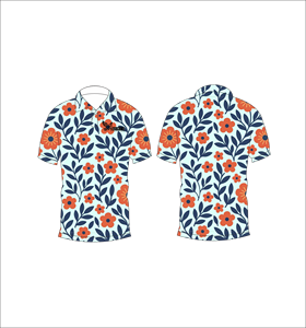 <b>Orange</b> Blue Leaf Floral <b>Polo</b> Shirt White Background Flower Pattern Short Sleeve Summer Casual Front Back View - Product Image 4