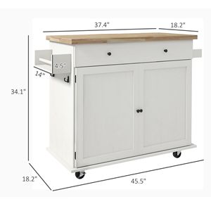 Carrello da Cucina Bianco Regolabile con Piano in Legno Massello, Cassetto e Ante, Isola Mobile per Colazione - Product Image 3