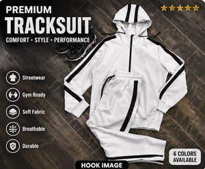 Ensemble de survêtement unisexe blanc à capuche avec bandes noires, manches longues, poches latérales, design sportif respirant, idéal pour l'automne - Product Image 2