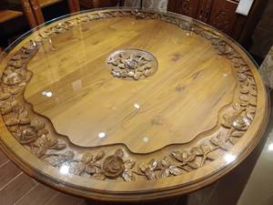 Table à manger en teck sculpté à la main de style romantique européen antique, avec des sculptures de roses, diamètre 150 cm, meubles de cuisine et de salle à manger - Product Image 4