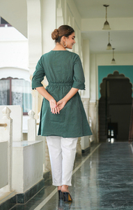Vestido Túnica de Playa para Mujer, Talla Grande, Corte A, de Algodón Kantha No Tejido, Color Verde, Ecológico, Festivo, Étnico, con Cuello y Manga 3/4 - Product Image 5