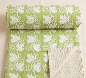 Green White Floral Quilted Cotton <b>Bedding</b> Set Handmade All Season Home Decor Classic Style - Product Image 5
