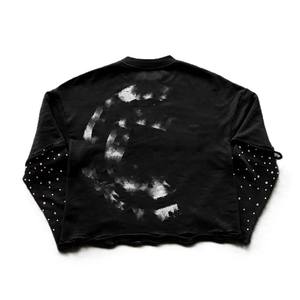 Customize Acid Wash Distressed Patchwork Embroidery Double Layer Long Sleeve T-shirt Rhinestone Printed Cotton T Shirt - Product Image 2