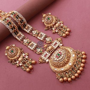 Neesha Antique Gold Long <b>Necklace</b> & <b>Earring</b> <b>Set</b> with Zircon <b>and</b> Pearl for <b>Bridal</b> Wedding Festival - Product Image 1