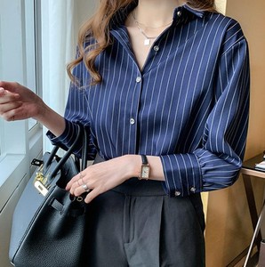 Camisa a rayas con botones para mujer, blusa informal clásica con cuello vuelto y manga larga, ropa de oficina para primavera y verano - Product Image 6