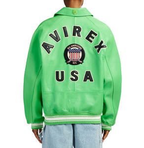 Chaqueta Bomber Varsity de Cuero Genuino Verde para Hombre, Marca Avirex, Personalizada Premium, con Parches Bordados, Estilo Urbano, OEM, ODM, Venta al Por Mayor - Product Image 4