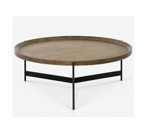 Table basse ronde exclusive en métal avec plateau en bois finition marron pour la décoration du salon - Product Image 1