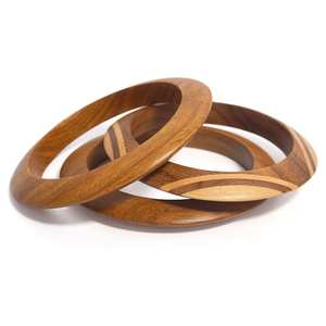 Handcrafted Sissoo & Teak <b>Wooden</b> <b>Bangle</b> Set Wax Polished Finish Hexagonal & Inlaid Designs Satin Polish Artisan Jewelry - Product Image 3