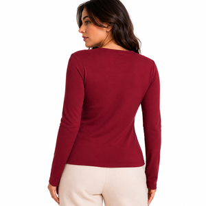 Women's French Terry Lace Trim V Neck Sweatshirt Burgundy Slim Fit Long Sleeve Casual Hoodies Wholesale Private <b>Label</b> - Product Image 2