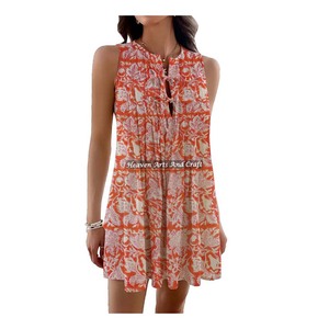 Casual Short <b>Dress</b> Sleeveless Color Block Women <b>Top</b> Beautiful Hand Block Printed Cotton Tunic <b>Dress</b> For Women Clothing - Product Image 2