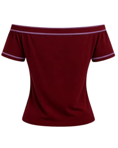 T-shirt femme rouge rubis à épaules dénudées avec bordure à rayures contrastées, manches courtes, coupe ajustée, haut décontracté d'été, fabricant OEM personnalisé - Product Image 4