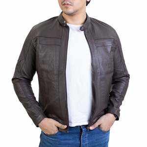 Men's <b>Brown</b> Genuine <b>Leather</b> <b>Jacket</b> Stand Collar Zipper Closure Regular Sleeve Solid Color Autumn Style Casual - Product Image 2