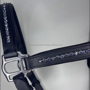 Black English Leather horse halter with cow softy padding <b>stitched</b> and Decorative round crystals fancy horse racing halter - Product Image 5