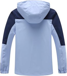 Chaqueta con capucha a prueba de viento para adultos con gorro desmontable y logotipo en la manga, color azul claro y azul marino, cierre de cremallera en toda la manga. - Product Image 2
