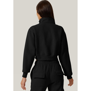 Nueva Llegada: Sudadera Corta Negra de Mujer con Media Cremallera, Cuello Alto, Manga Larga, Tejido Sólido, Transpirable, Ajuste Regular, Ideal para Otoño - Product Image 3