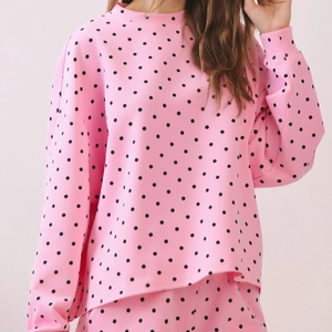 Conjunto de Dos Piezas con Estampado de Lunares para Mujer, Logotipo Personalizado, Venta al Por Mayor, Sudadera Holgada de Manga Larga con Hombros Caídos y Cuello Alto con Pantalones Cortos - Product Image 2