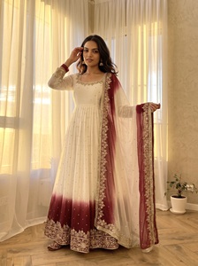 Robe Anarkali en Georgette à double tonalité avec broderie de sequins, pantalon élastique cousu et dentelle pour femme KW 1175 - Product Image 1