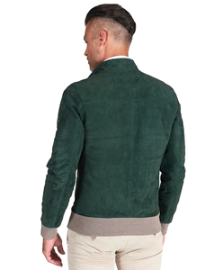 Veste bomber en cuir véritable pour homme, veste de motard décontractée à la mode, couleur verte - Product Image 4