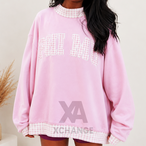 Sudadera Oversize de Cuello Alto para Mujer 2026 con Bordado Frontal, Ribete a Cuadros Rosa y Estampado de Letras, Manga Corta, Ropa Casual de Invierno - Product Image 3