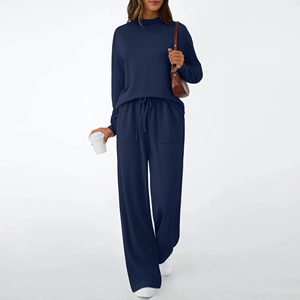 Ensemble de survêtement personnalisé pour femme, bleu marine, col rond, haut à manches longues, pantalon large, ensemble deux pièces, vêtements de détente, vente en gros OEM - Product Image 4