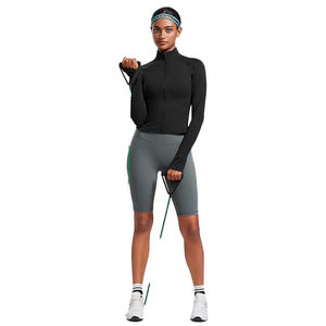Women's Full Sleeve Ribbed Stand Collar Zip up Yoga <b>Jacket</b> Solid Black Breathable Stretch <b>Workout</b> Outerwear Seamless Design - Product Image 4