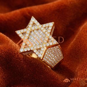 14K Yellow Gold Men's <b>Iced</b> Out Star of David <b>Ring</b> | VVS Moissanite Baguette & Round Pave Signet | Hip Hop Statement Jewellery - Product Image 4