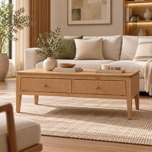 Mesa de Centro de Madera Estilo Escandinavo de la Colección ELYSIUM con Paneles de Cajones Tejidos - Product Image 1