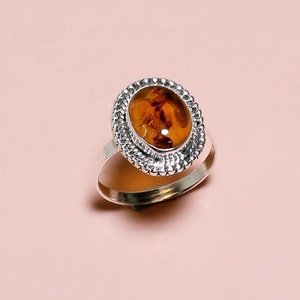 Bague cocktail vintage en ambre, plaqué argent 925, sertissage clos, unisexe, bijou de mode pour usage quotidien - Product Image 3