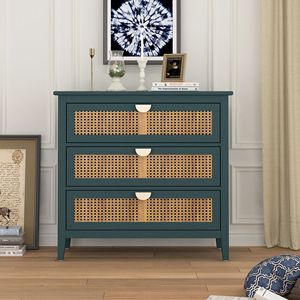 Armoire moderne en bois massif à 3 tiroirs avec façade en rotin naturel tressé pour chambre à coucher, salon, bureau - Product Image 5
